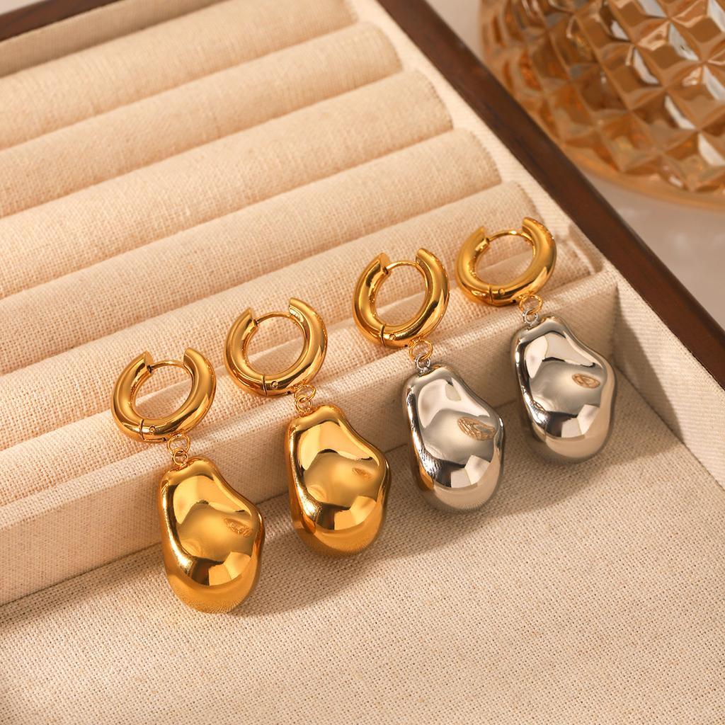 18K Gold Stainless Steel Plain Hoop Earrings, Ins Style Niche Design, Premium Steel Bead Baroque Pendant Earrings