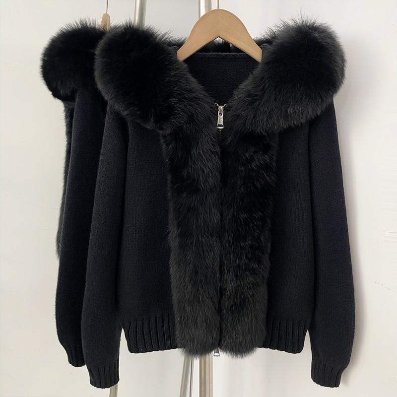 Womens Oversized Knit Cardigan With Real Fox Fur Hood Trim Warm Fall Winter Sweater