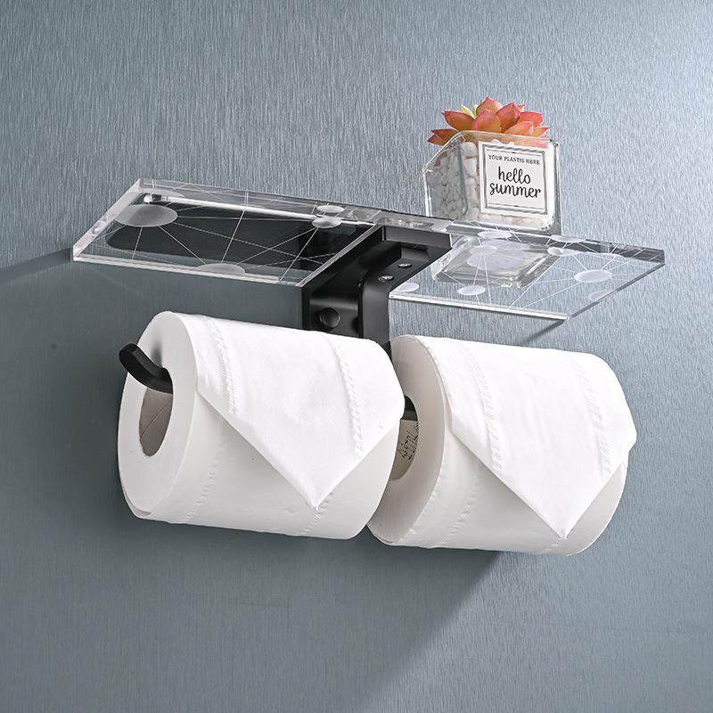 Brushed gold/Black Bathroom Paper Roll Holder Aluminum Wall-mounted Toilet Paper Rack Phone Holder Tissue Holder Acrylic Shelf