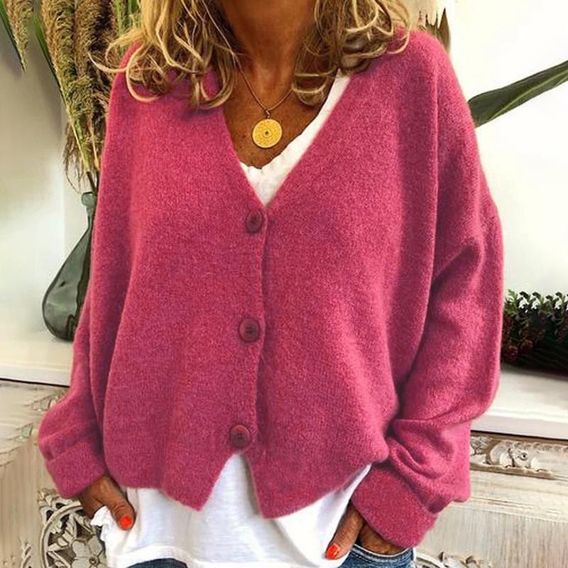 Knitted Womens Plain Coat Cardigan Ladies Button Loose Jumpers Sweater Size Plus