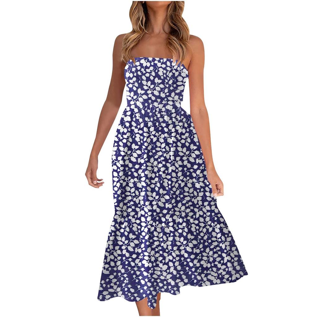 Strapless Dress For Women PrintingSummer Beach Boho Smocked Tube Top Long Dress