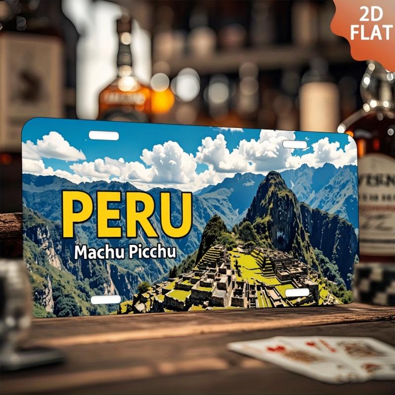 HD Aluminum Metal Sign Peru Machu Picchu Vintage License Plate Style Wall Decor Retro Ancient Wonder Mountain Landscape Design