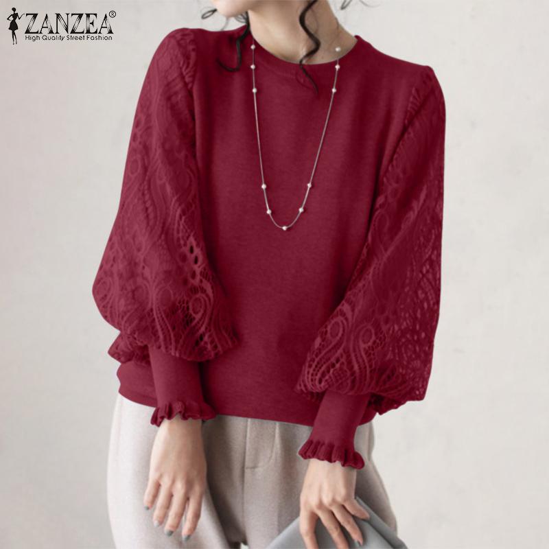 ZANZEA Женская повседневная блузка с длинным рукавом и кружевом с круглым вырезом