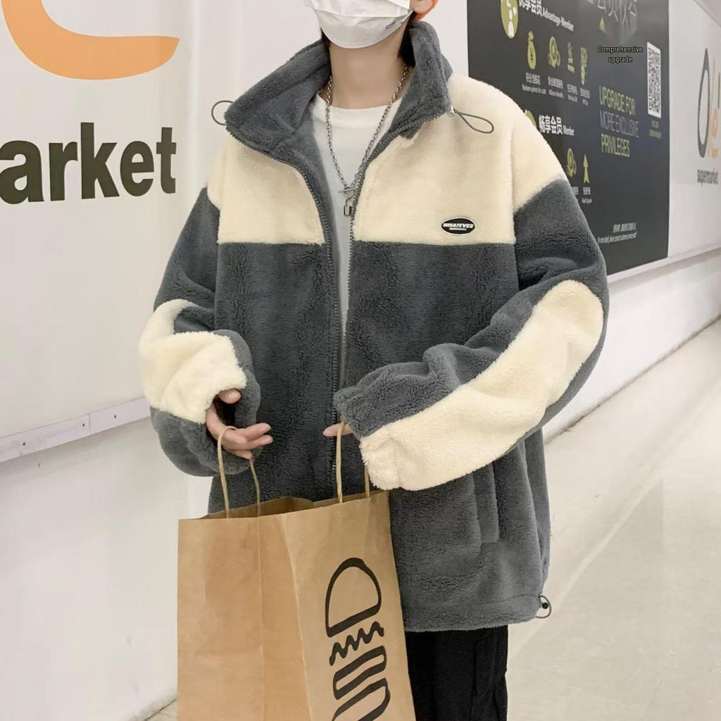 Men's Trendy Colorblock Fleece Jacket - Winter Lambswool with Stand Collar, Thick Cotton-Padded, Loose Fit, Plus Size.