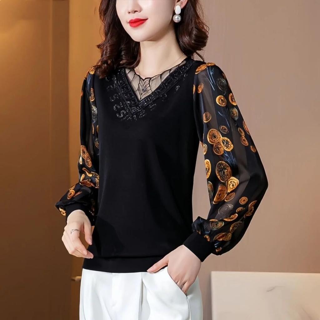 Весенне-осенняя новая модная футболка, женская рубашка из двух предметов, кружевная блузка с длинными рукавами и бриллиантами, M-4XL