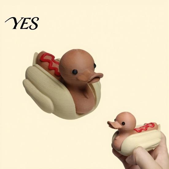 Durable 3D Printed Figure Hot Dog Duck Figurine, Cute Food Animal Sculpture Eye-catching Office Decor with Matte Finish, Funny Mini Desk Toy