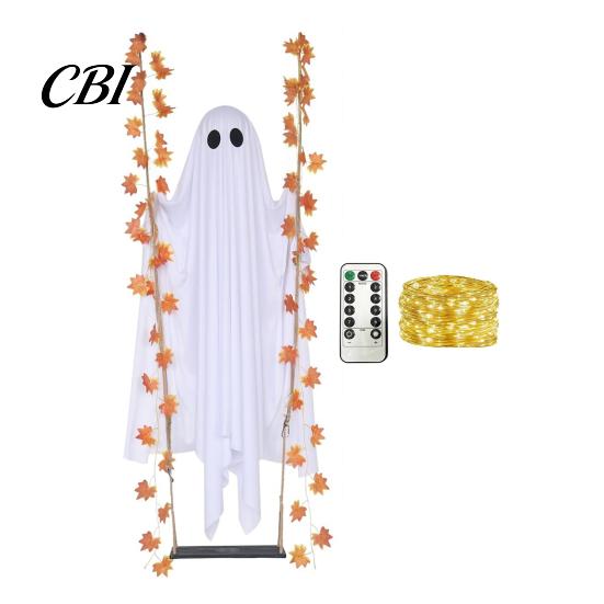 Weather Resistant Ghost Decor Hanging Swinging Halloween Decoration for Outdoor Garden Yard, Weighted Fabric Flying on A Lighted Porch Swing with LED