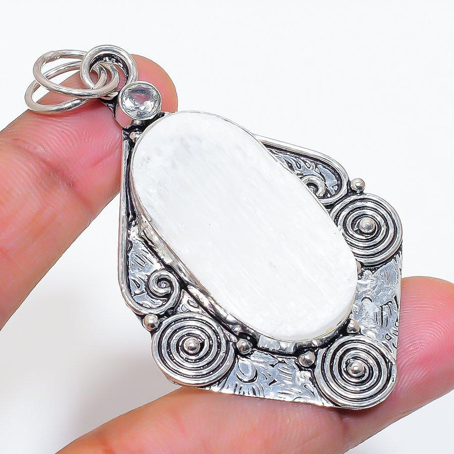 Natural Selenite, Topaz Gemstone 925 Sterling Silver Jewelry Pendant 2.68" ZS-82