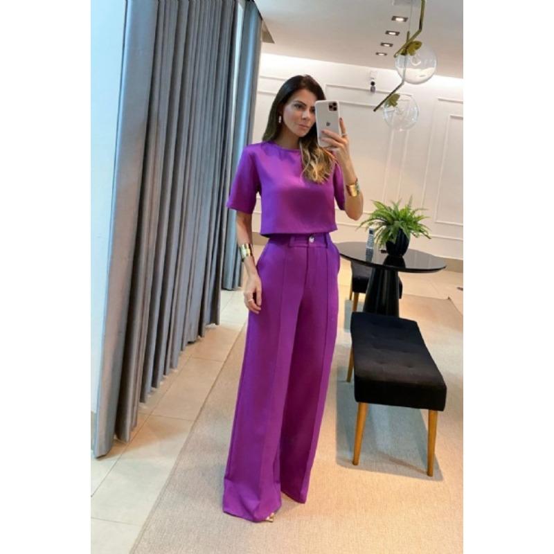 Новая женская однотонная футболка с круглым вырезом и короткими рукавами, повседневный костюм с широкими брюками