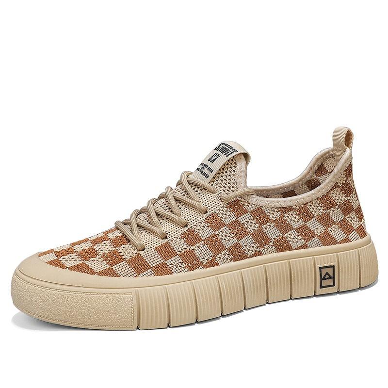 Fashion Plaid Casual Sneakers for Men  Platform Breathable Flats Shoes for Men's Lace-up Khaki Shoes Color Matching Designer Sneakers