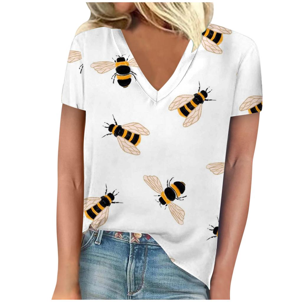 Винтажная женская футболка с принтом пчелы, с коротким рукавом, с V-образным вырезом, удобные футболки