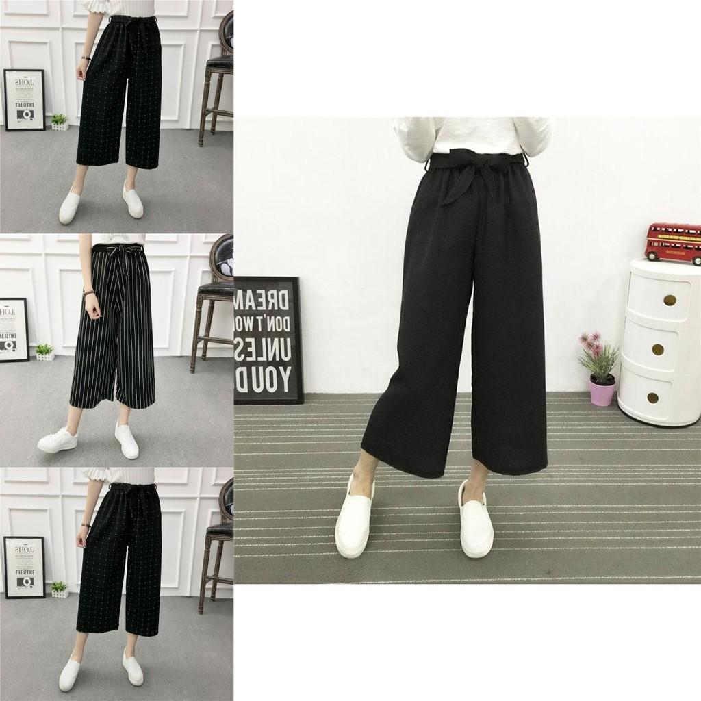 Women Wide Korean Leg High Waist Loose Baggy Casual Striped Crop Pants Trousers