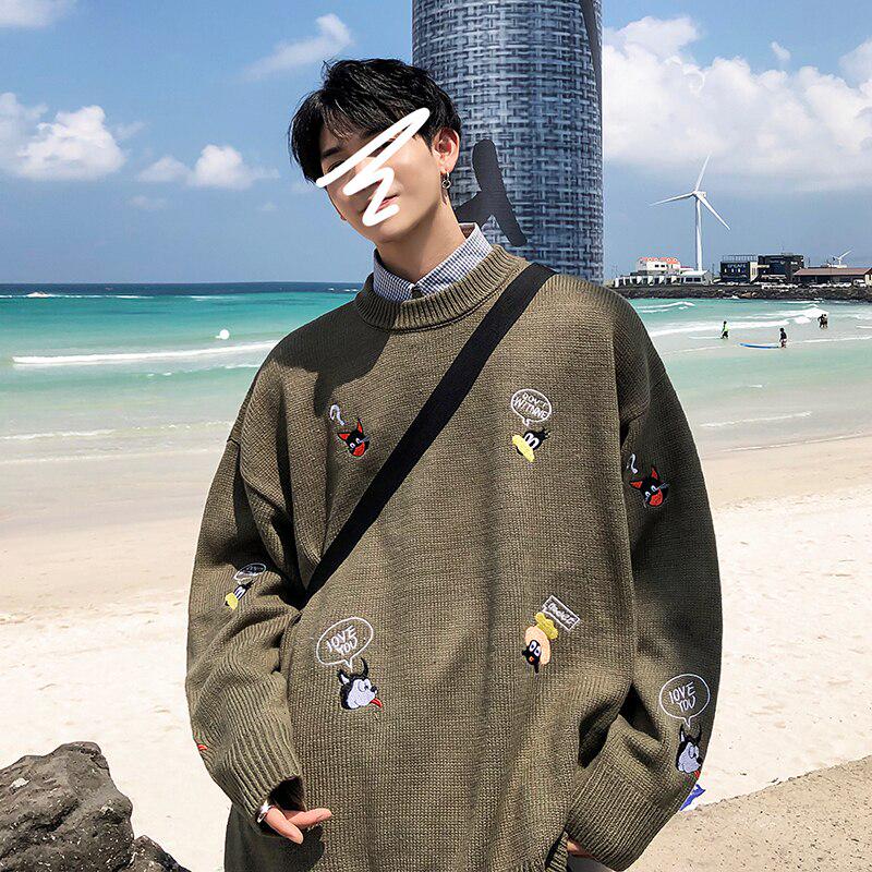 Мужской мультфильм вышивка легкий свитер вязание без подкладки верхняя одежда свободное пальто