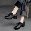 Retro Women Shoes Med Heels Solid Color Pumps Genuine Leather Round Toe Handmade Lace-up Shoes