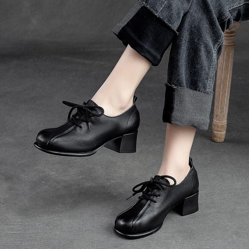Retro Women Shoes Med Heels Solid Color Pumps Genuine Leather Round Toe Handmade Lace-up Shoes
