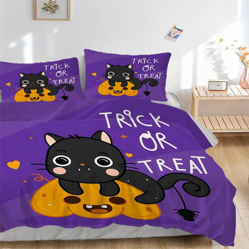3pcs Trick or Treat Adorable Cat and Pumpkin Quilt Cover Set - Soft and Cozy Bedroom, Guest Room and Dorm Decorative Bedding 3-Piece Set 1 Quilt