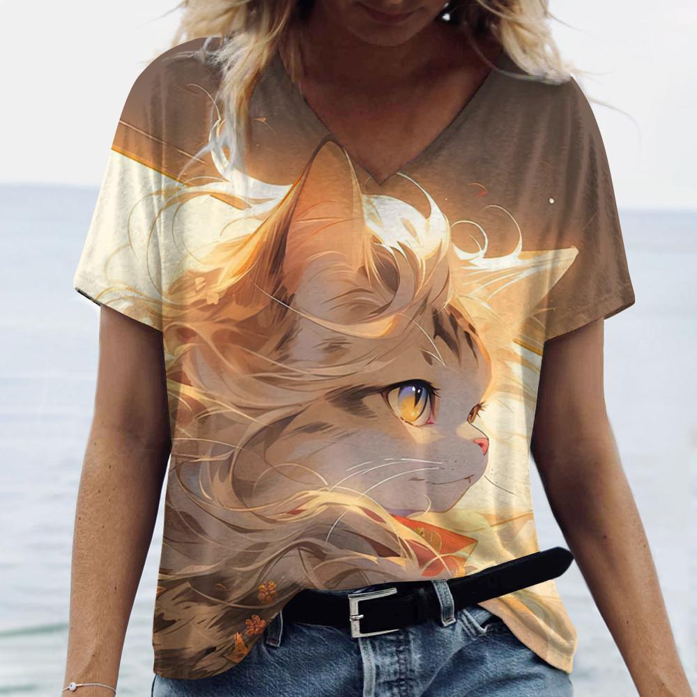 Women's V-Neck Short Sleeve T-Shirts Animals Printed Summer Clothing Cute Cartoon Cat Woman Tshirts Streetwear Tops