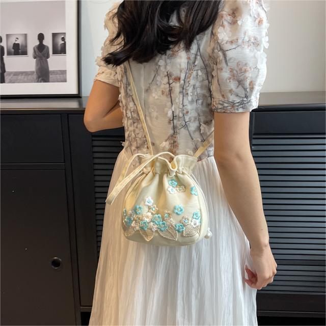 Традиционный китайский стиль ханьфу Ручная работа Кружевная вышивка Ткань Сумка-ведро - Универсальный аксессуар через плечо/кроссбоди/ручной