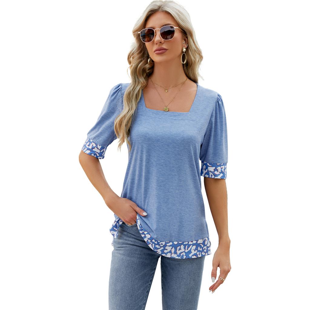 Spring Summer Women's T-Shirt Square Neck Printed Color Clash Bubble Sleeve Slit T-Shirt Top
