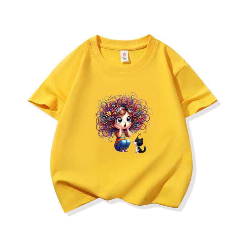 Kids Cotton T Shirt Surprised Colorful Hair Girl And Black Cat Print Crew Neck Short Sleeve Tee Casual Boys Girls Summer Tops