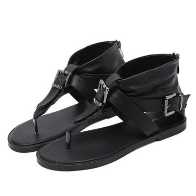Модные сексуальные босоножки для девочек, женская летняя обувь, ремень, пряжка, молния, искусственная кожа, 1 см, плоская подошва, модные летние женские туфли для офиса, черные
