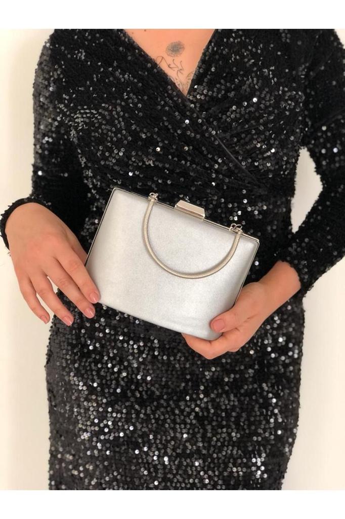 Women's Stylish and Useful Evening Dress Bag Evening Dress Bag Clutch Portfolio Strap Shoulder and Hand Bag Fabric Silver 2023