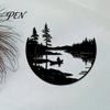 Декоративные Акценты для Дома Круглая Сцена Природы Железное Настенное Искусство, Лесное Озеро Катание на Лодке Металлический Декор, Прочные Садовые Скульптуры Деревенский Фон Подвесной