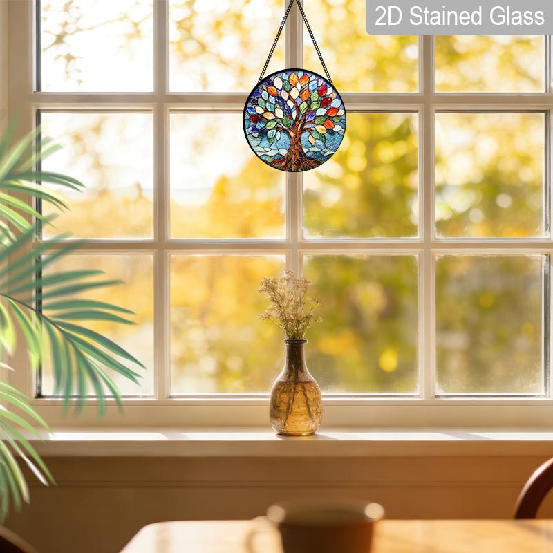 2D Flat, 1pc Rainbow Tree of Life Round Glass Suncatcher, Colorful Life of Tree Stained Glass Style Window Hanging, Multicolor Leaves Design with