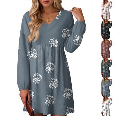 Женское модное платье с цветочным принтом, V-образным вырезом и длинными рукавами