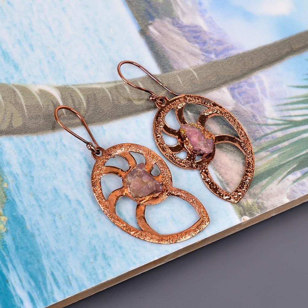 Натуральный розовый сапфир медь висячие серьги подарок дочери гальванопластика ювелирные изделия V-103