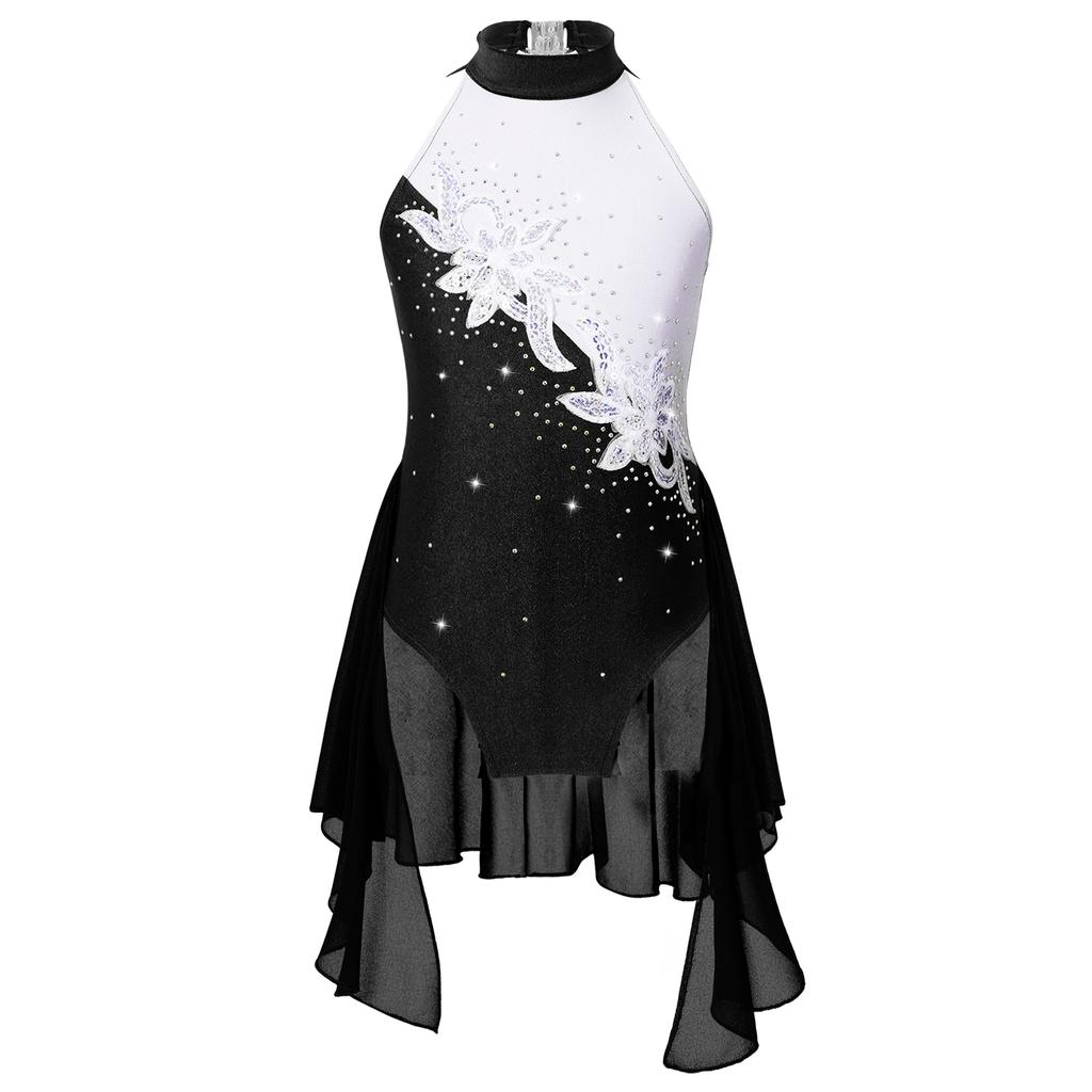 Kids Girls Sleeveless Backless Shiny Rhinestone Sequins Chiffon Dance Dress Gymnastic Skirted Leotard Dance Costume