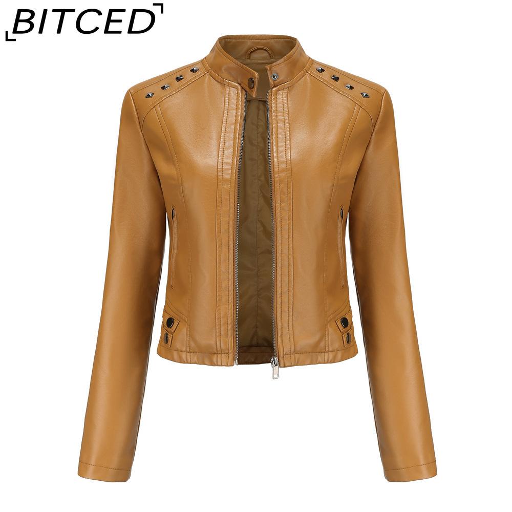 BITCED Женская кожаная куртка с шипами Весна/Осень С длинным рукавом Стойка воротник Модная куртка