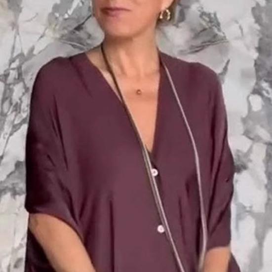 Женское макси-платье с V-образным вырезом, застегивающимся на пуговицы, рукавами «летучая мышь», платье-рубашка, однотонный цвет