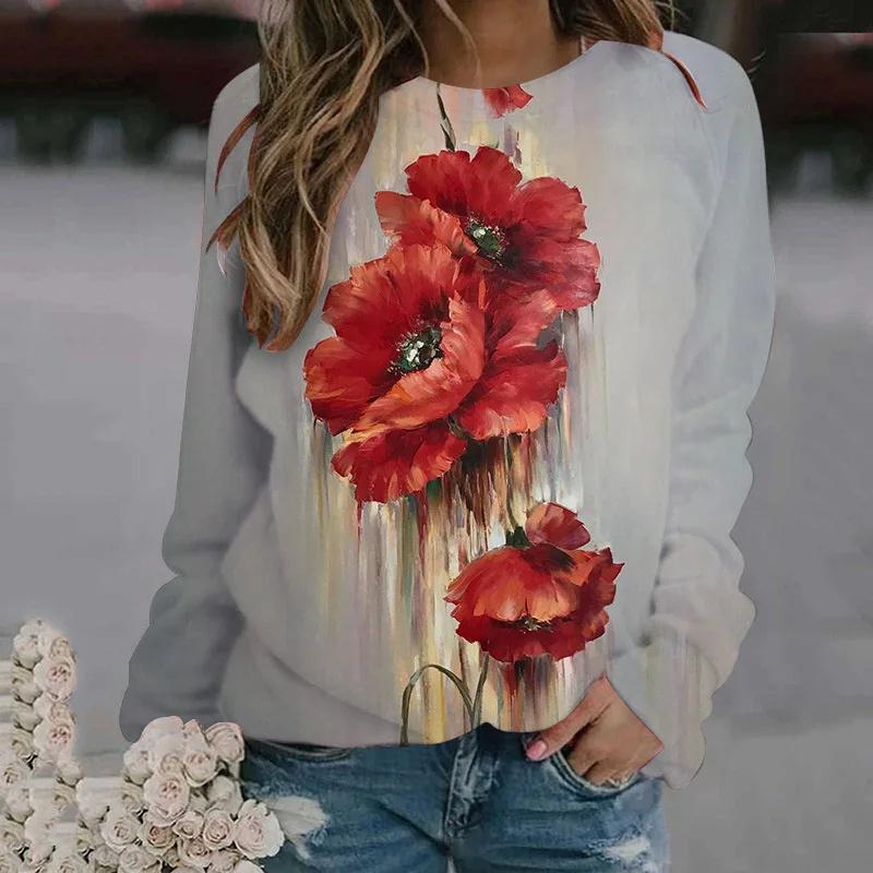 Spring And Autumn 3D Oil Paintings Printing Long Sleeve T Shirt Women Florals Graphic Pullover Harajuku Clothing Colorful Tops