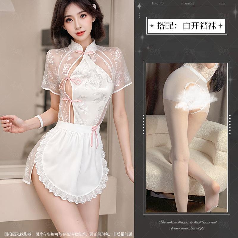 Sex underwear open lace perspective cheongsam maid suit sexy temptation suit