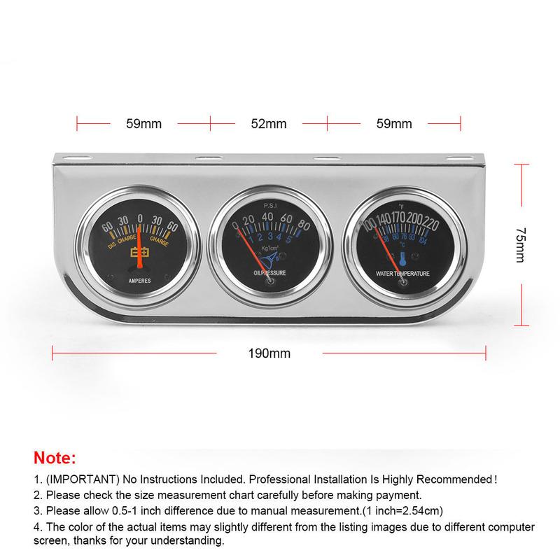 LODENQC 2" 52MM 3 In 1 AMP meter Oil pressure Water temp gauge Chrome Universal Triple gauge Kit Car Meter LC101015