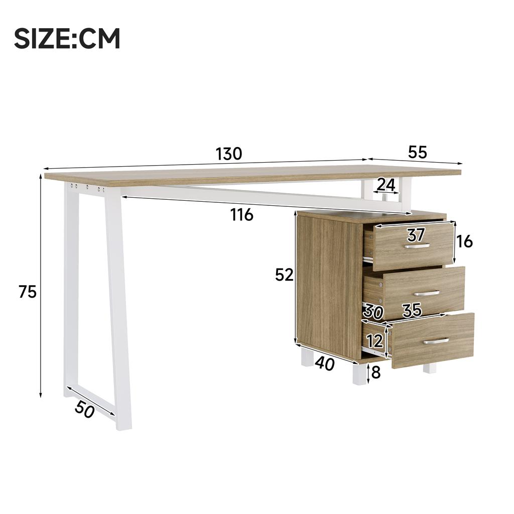 130*55*75cm, Spacious Desk with Storage, High-Density MDF Material, Drawer Slides, Triangular Braces, Easy to Assemble and Clean, Natural Wood + White