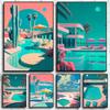 Retro Futuristic Beachside Palm Trees Desert Swimming Pool Poster Canvas Painting Wall Art Pictures Home Interior Decor