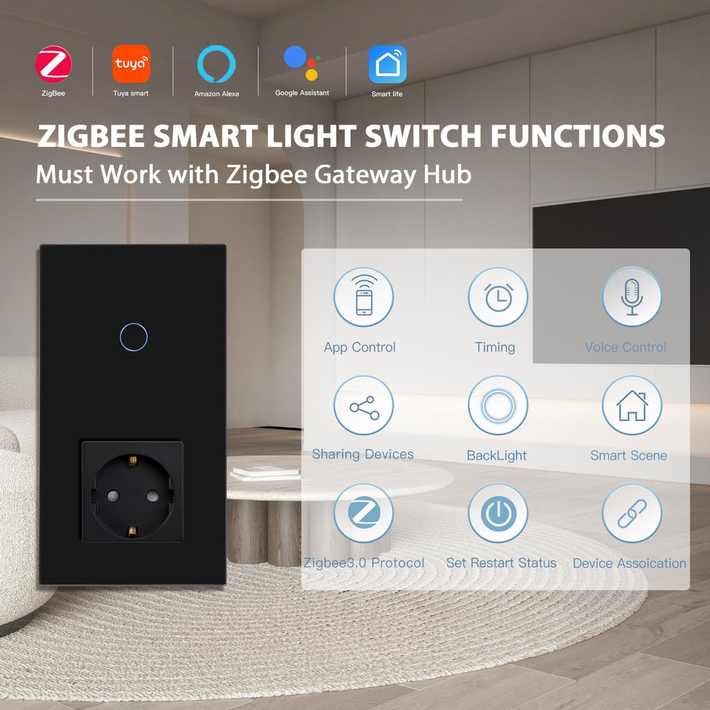 BSEED Zigbee настенные сенсорные выключатели 1/2/3 клавиши с обычной EU розеткой и портами USB Type-C, управление через приложение Tuya Smart Life, стеклянная панель