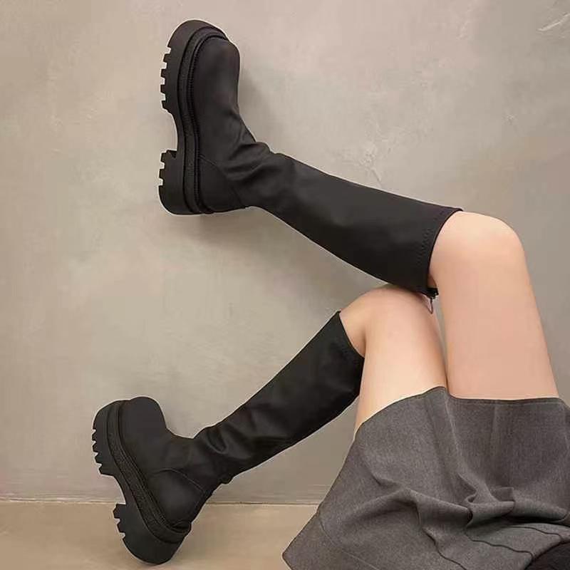 Осенние и зимние сапоги женские новые толстые каблуки толстая подошва сзади молнии сапоги тонкие эластичные сапоги рыцарские сапоги прилив