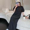 Dimanaf 2025 Summer Plus Size Dress Women Casual Vintage Short Sleeve Pleated Black Long Dress Loose Basic Dress