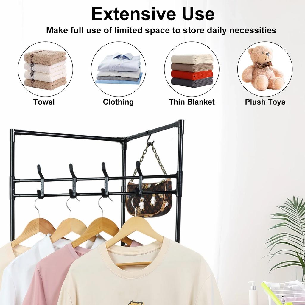 Угловая вешалка для одежды для спальни, отдельно стоящая вешалка для пальто с 3-я полками для обуви и хранения и 10-ю подвижными крючками, металлическая полка-органайзер