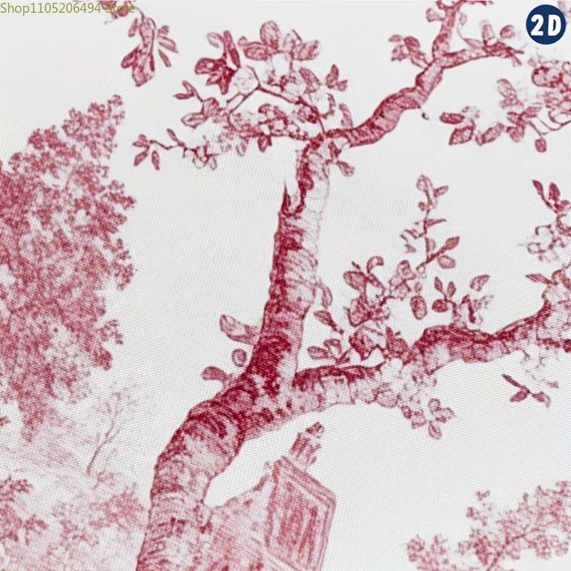 1 шт. Французская шторка для душа Toile De Jouy с вишневым цветением - Розовый цветочный узор с клетчатыми крючками, Прочный, поддающийся машинной стирке, Комплект