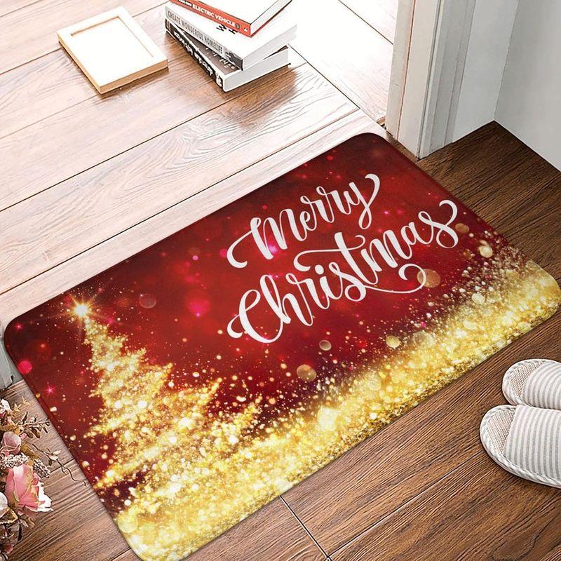 Christmas Entry Mat Burgundy Golden Light Snowflake Bokeh Print Durable Rug For Front Door Hallway Bedroom Home Decor