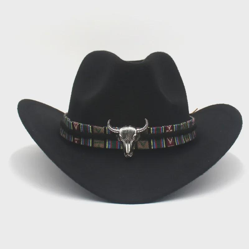 Western Cowboy-Style Wool Felt Hat with Bull Head Accent - Tibetan-Inspired Autumn/Winter Jazz Hat