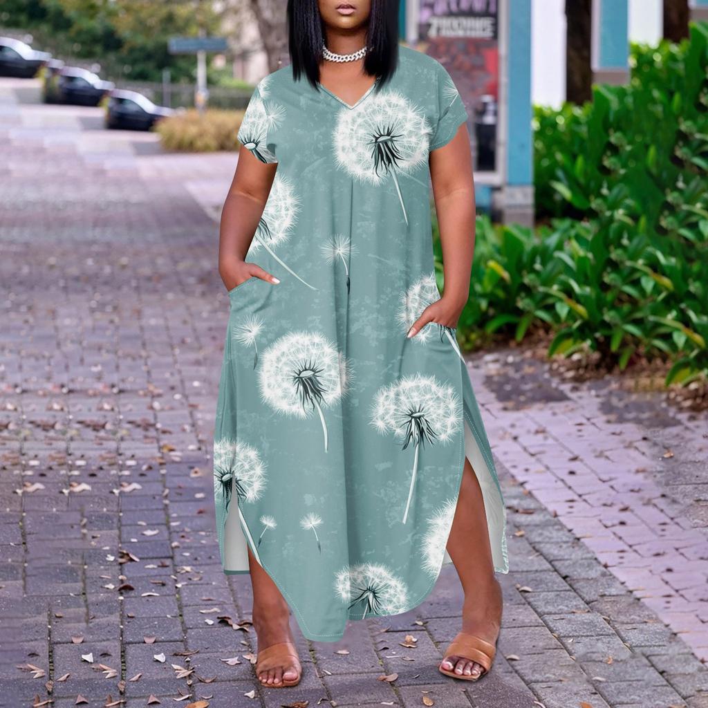 Женское платье макси с цветочным принтом, летнее повседневное платье с коротким рукавом, сарафан с V-образным вырезом, длинные платья с карманами, пляжный отдых