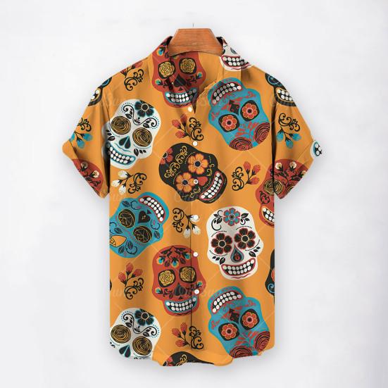 Однобортная мужская рубашка с отворотом и коротким рукавом, летняя гавайская рубашка с цветочным принтом и черепом, пляжная одежда
