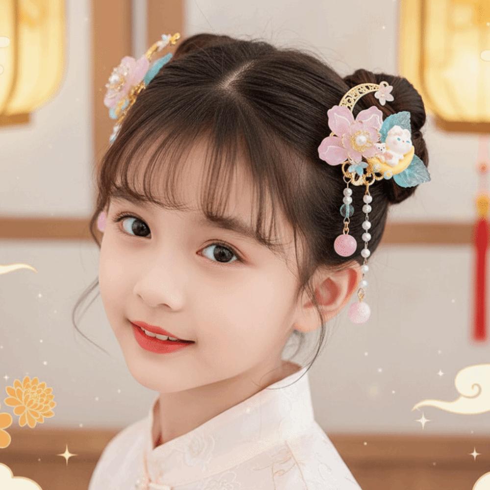 1 Pair Double Clip Hanfu Hair Clips Floral Tassel Fairy Hairpins Photography Props