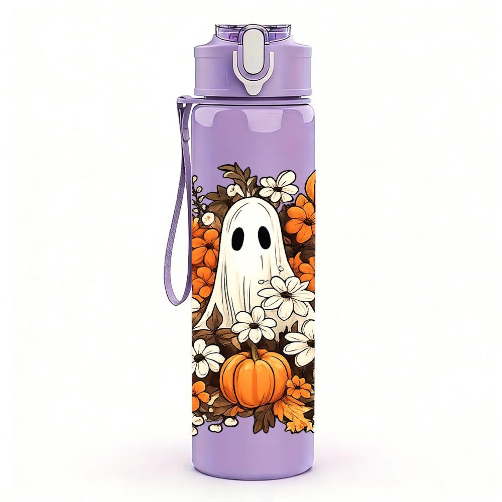 1PC Pumpkin Ghost Autumn Art Print 750ml Color Plastic Sports Water Bottle Leakproof Flip Straw Lid Suitable for Sports Office Home Use
