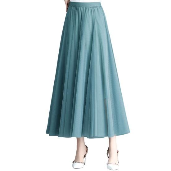 Women Midi Skirt Elastic High Waist Long Skirt with Solid Mesh Hem Solid Color A-Line Skirt Daily Wear